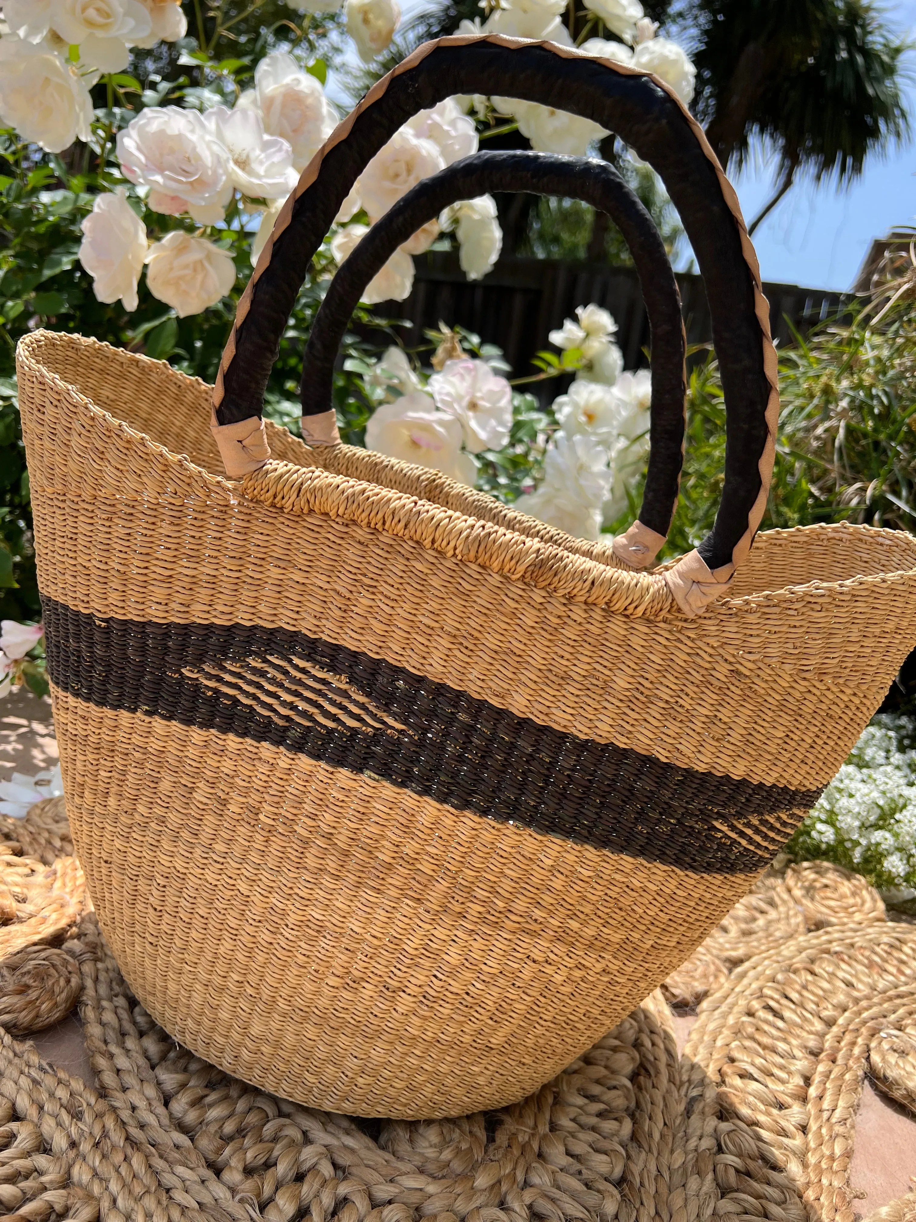 Authentic Medium Market Basket Leather Handle Straw Tote Bag