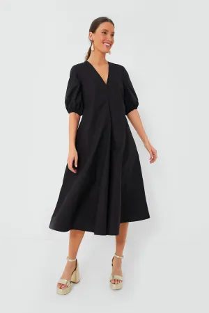 Black Cotton Poplin V-Neck Long Dress