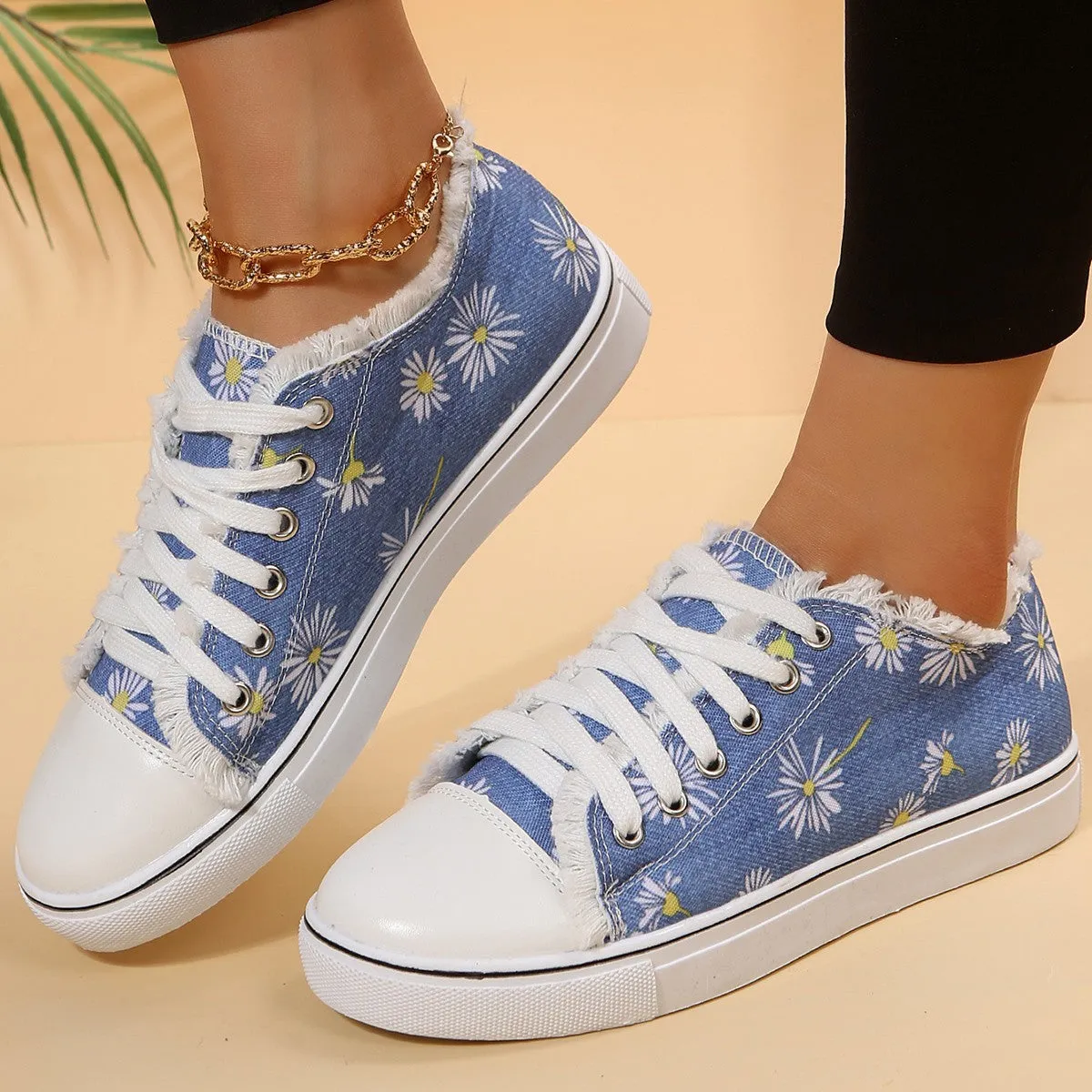 Casual Flat Canvas Shoes Flowers Lace-up Flowers Print Loafers Women Walking Shoes