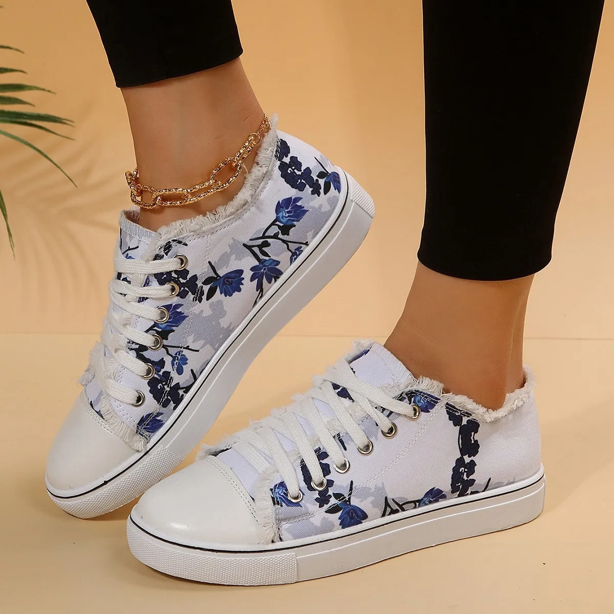 Casual Flat Canvas Shoes Flowers Lace-up Flowers Print Loafers Women Walking Shoes