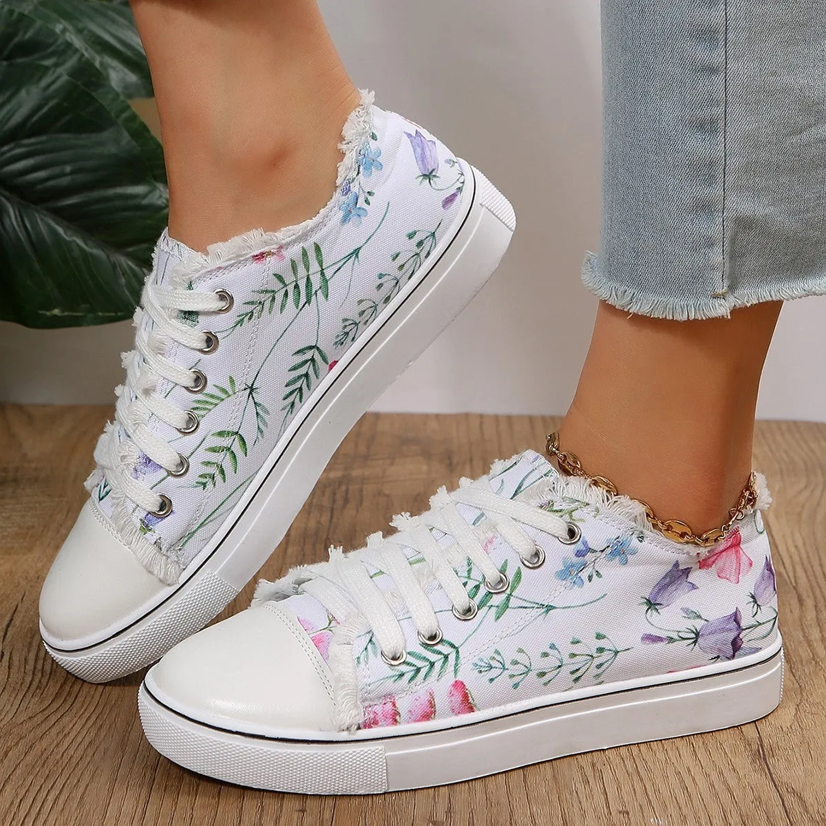 Casual Flat Canvas Shoes Flowers Lace-up Flowers Print Loafers Women Walking Shoes