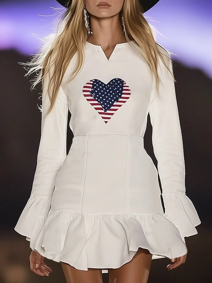 Cool Flag Print White Long Sleeve Mini Dress