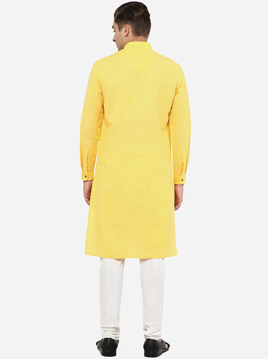 Corn Yellow Self Textured Regular Fit Modi Kurta | JadeBlue