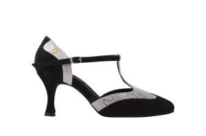 Dance Naturals 731 Serenella Black Suede/Silver Smooth Ballroom Shoe with T-Bar Strap