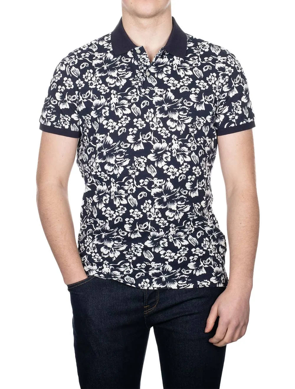 Floral Print Short Sleeve Pique Evening Blue