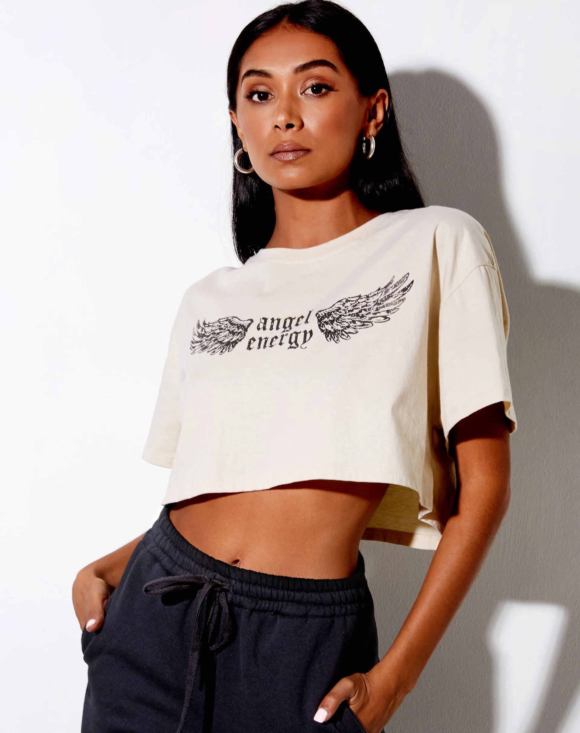 Georgi Cropped Tee in Stone 'Angel Energy' Wings