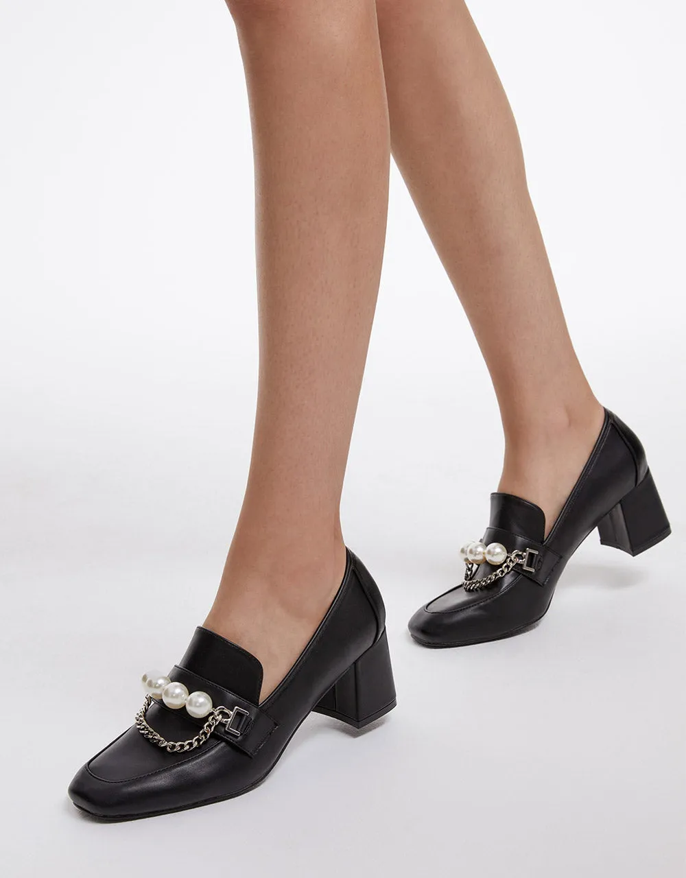 Heeled Loafers With Faux Pearl