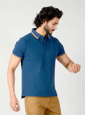 Indigo Blue Solid Slim Fit Polo T-shirt | JadeBlue