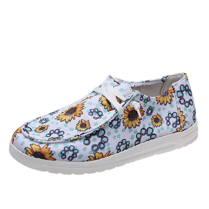 Loafers Women Sunflower Print Flats Casual Canvas Shoes Non-lace Lazy Shoes