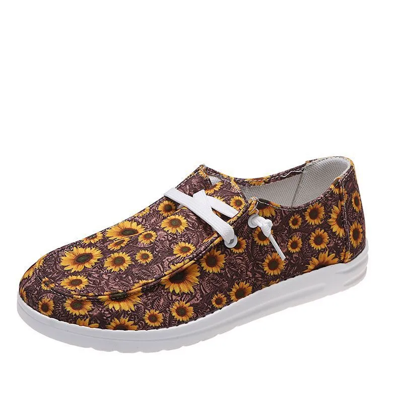 Loafers Women Sunflower Print Flats Casual Canvas Shoes Non-lace Lazy Shoes