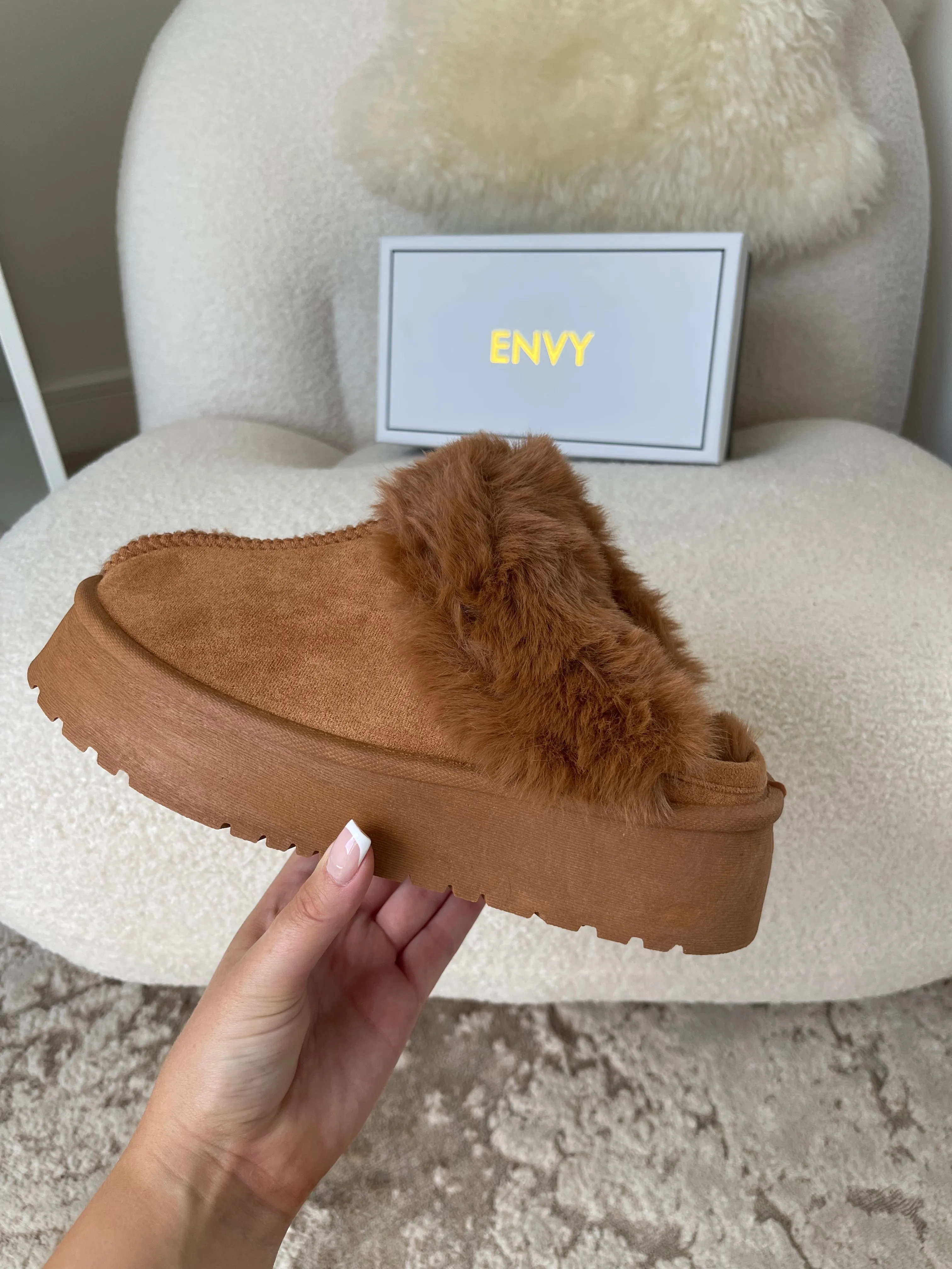 LORNA CAMEL FAUX FUR PLATFORM SLIPPERS