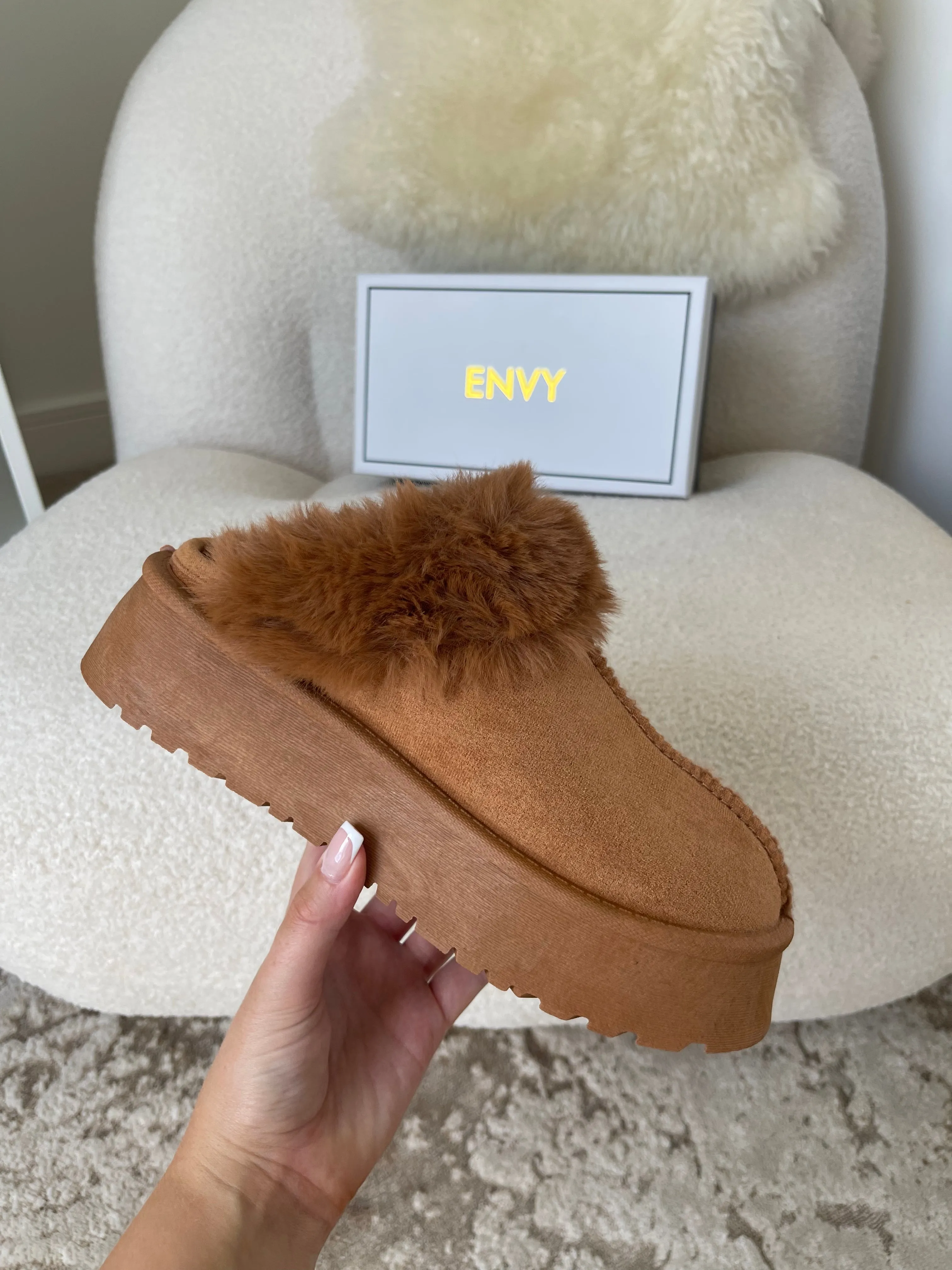 LORNA CAMEL FAUX FUR PLATFORM SLIPPERS