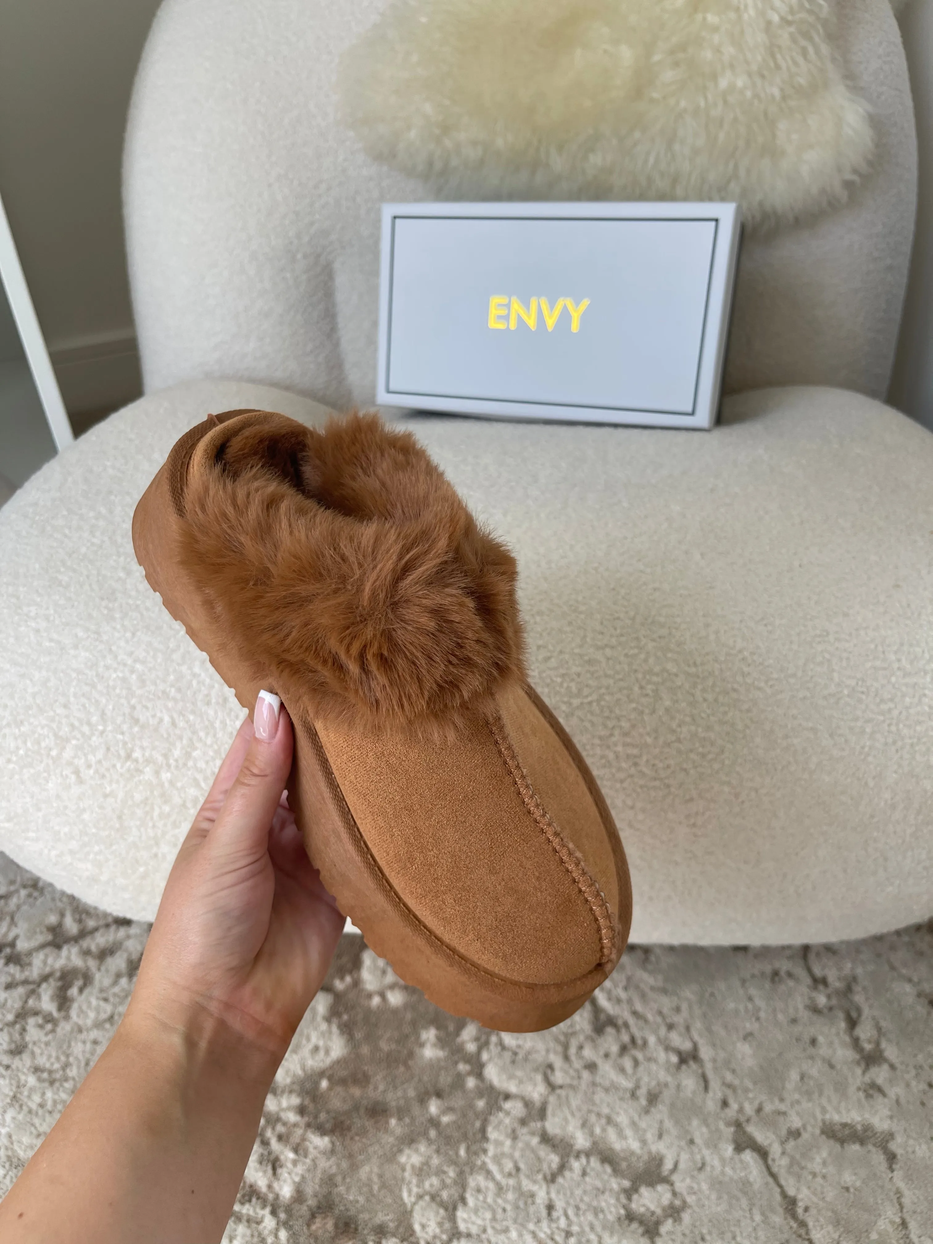 LORNA CAMEL FAUX FUR PLATFORM SLIPPERS