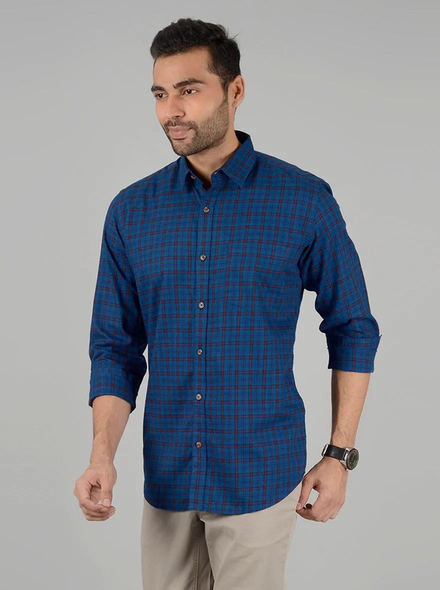 Prussian Blue Checked Slim Fit Casual Shirt | JadeBlue