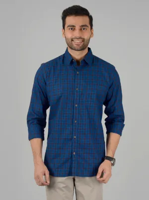 Prussian Blue Checked Slim Fit Casual Shirt | JadeBlue