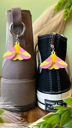 Rosy Maple Moth Pink Silk Moth Shoe Accessory | Pull Loop Boot Charm, Shoe Charm, High Top Sneaker Clip or Boot Charm, Acrylic Shoe Keychain