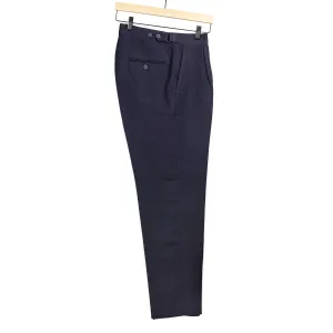 Side tab pleated trousers in dark navy soft wool and linen oxford